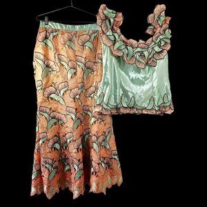 Floral Applique Embroidered 2 Piece Maxi Skirt Sleeveless Top Size 1X-2X Peach